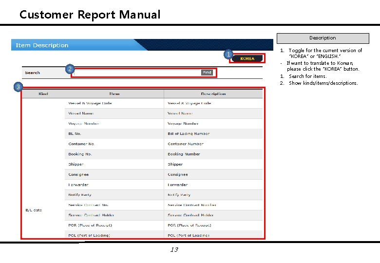 Customer Report Manual Description 1 2 3 13 1. Toggle for the current version