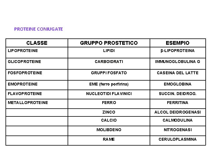 PROTEINE CONIUGATE CLASSE GRUPPO PROSTETICO ESEMPIO LIPIDI β-LIPOPROTEINA GLICOPROTEINE CARBOIDRATI IMMUNOGLOBULINA G FOSFOPROTEINE GRUPPI