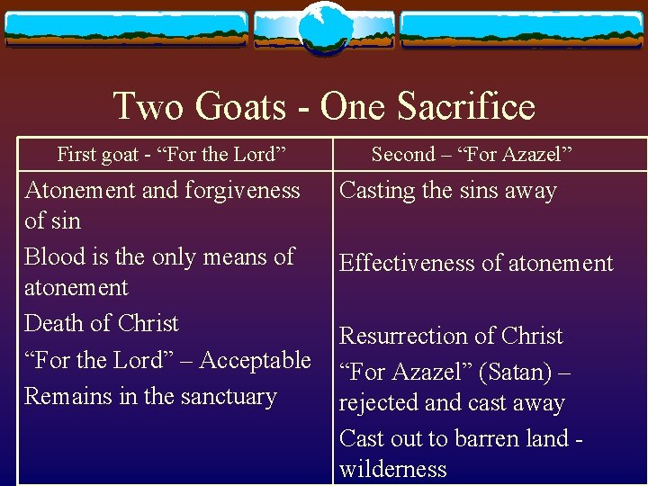 Two Goats - One Sacrifice First goat - “For the Lord” Atonement and forgiveness