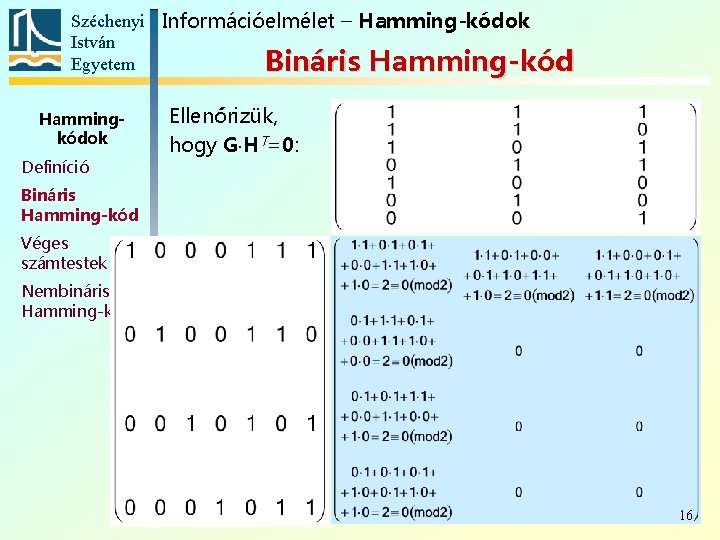 Széchenyi Információelmélet – Hamming-kódok István Egyetem Bináris Hamming-kód Hammingkódok Definíció Ellenőrizük, hogy G HT=0: