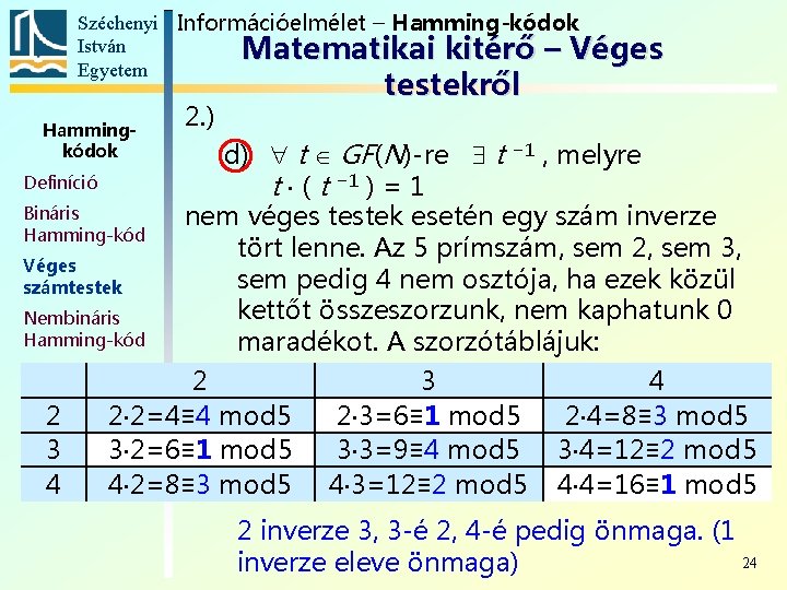 Széchenyi Információelmélet – Hamming-kódok István Matematikai kitérő – Véges Egyetem Hammingkódok 2. ) testekről