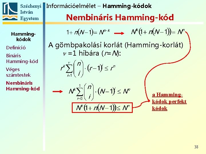 Széchenyi Információelmélet – Hamming-kódok István Egyetem Nembináris Hamming-kód Hammingkódok Definíció Bináris Hamming-kód A gömbpakolási