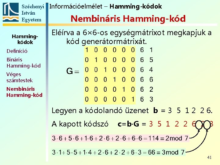 Széchenyi Információelmélet – Hamming-kódok István Egyetem Nembináris Hamming-kód Hammingkódok Eléírva a 6× 6 -os
