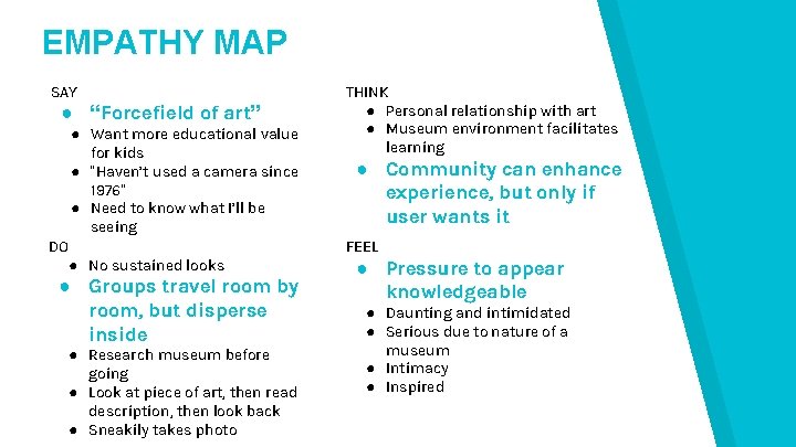 EMPATHY MAP SAY ● “Forcefield of art” ● Want more educational value for kids