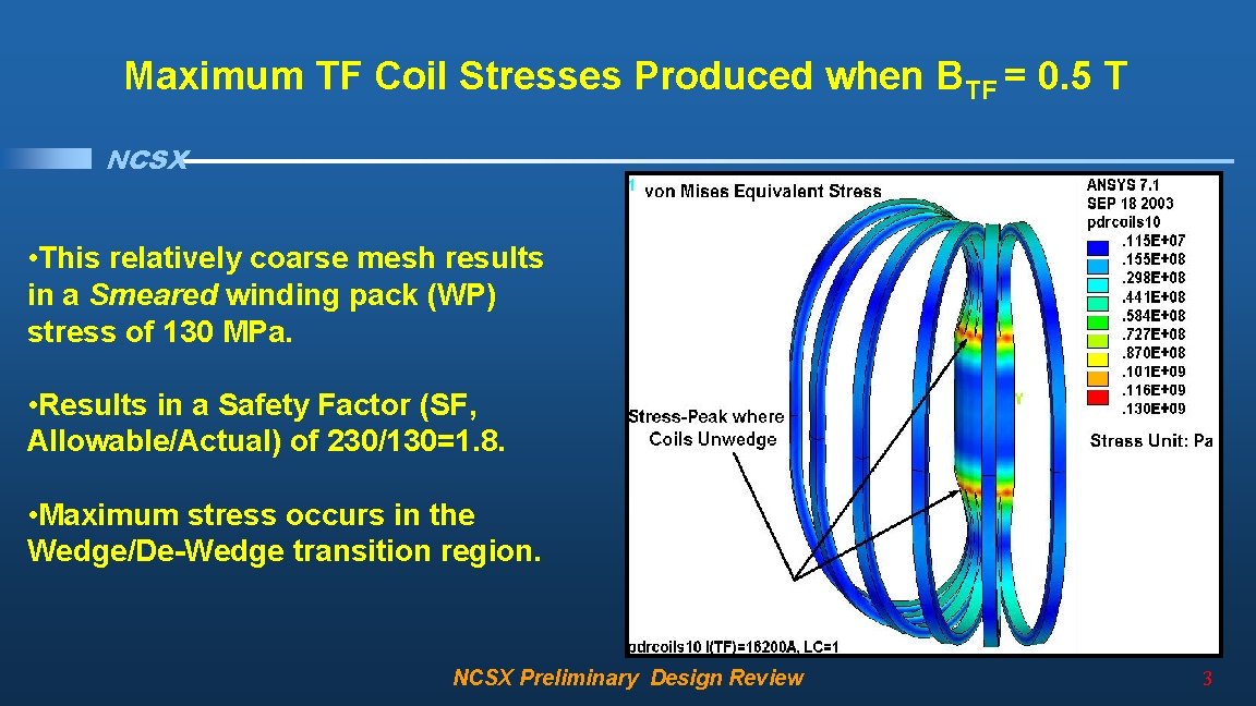 Maximum TF Coil Stresses Produced when BTF = 0. 5 T NCSX • This