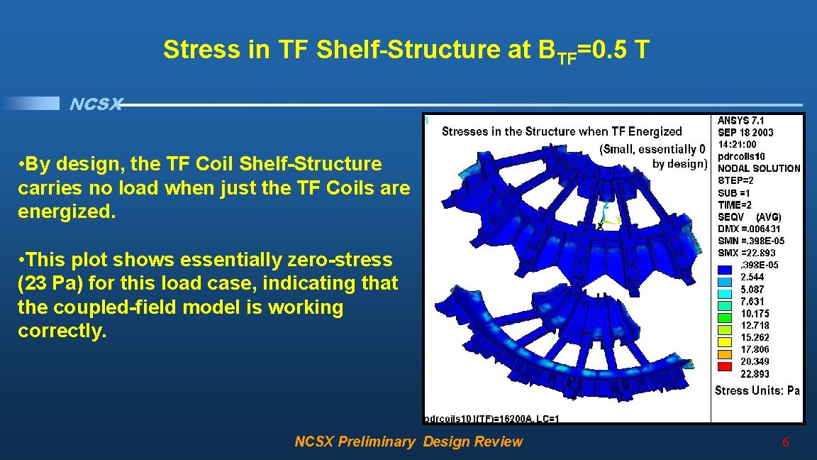 Stress in TF Shelf-Structure at BTF=0. 5 T NCSX • By design, the TF