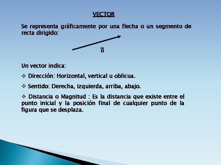 VECTOR Se representa gráficamente por una flecha o un segmento de recta dirigido: u