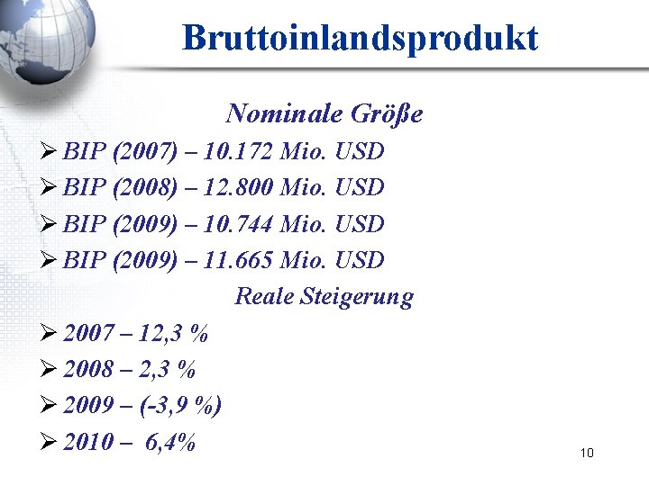 Bruttoinlandsprodukt Nominale Größe Ø BIP (2007) – 10. 172 Mio. USD Ø BIP (2008)