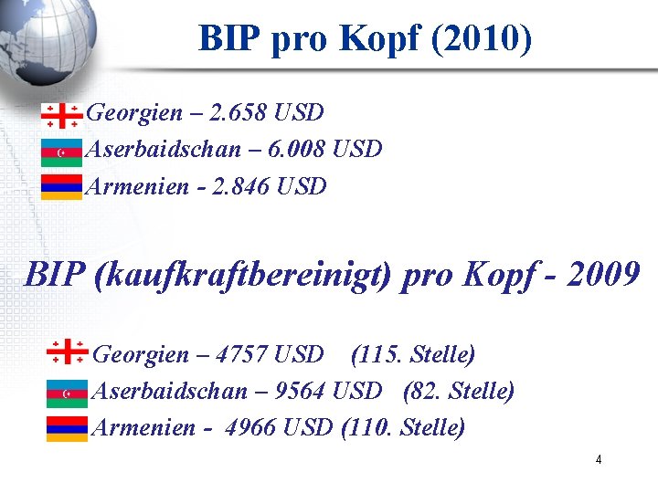 BIP pro Kopf (2010) Georgien – 2. 658 USD Aserbaidschan – 6. 008 USD