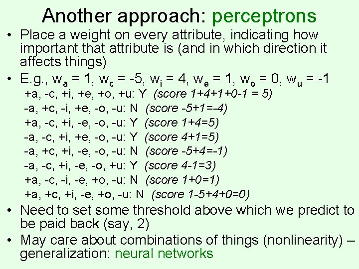 Another approach: perceptrons • Place a weight on every attribute, indicating how important that