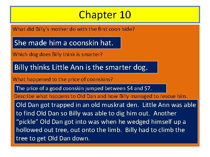 Chapter 10 What did Billy’s mother do with the first coon hide? She made