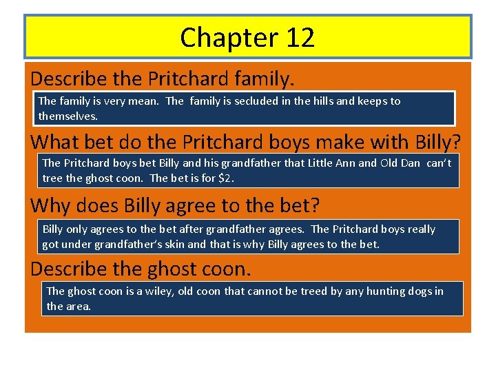 Chapter 12 Describe the Pritchard family. The family is very mean. The family is