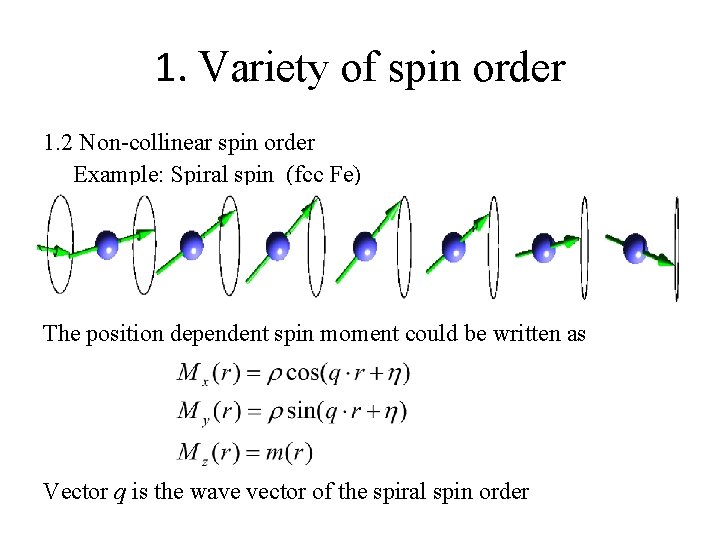 1. Variety of spin order 1. 2 Non-collinear spin order Example: Spiral spin (fcc