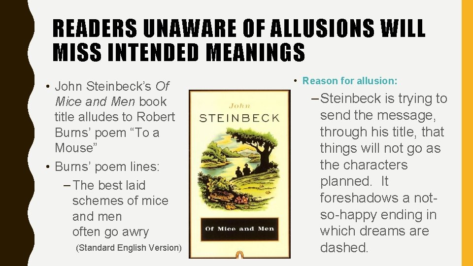 READERS UNAWARE OF ALLUSIONS WILL MISS INTENDED MEANINGS • John Steinbeck’s Of Mice and