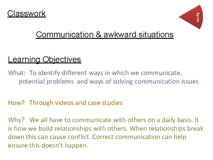 Classwork Communication & awkward situations Learning Objectives What: To identify different ways in which