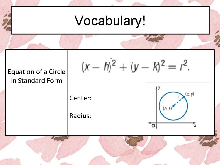 Vocabulary! Equation of a Circle in Standard Form Center: Radius: 