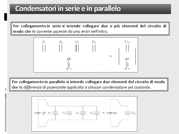 Condensatori in serie e in parallelo Per collegamento in serie si intende collegare due