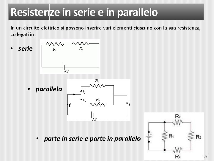 Resistenze in serie e in parallelo In un circuito elettrico si possono inserire vari