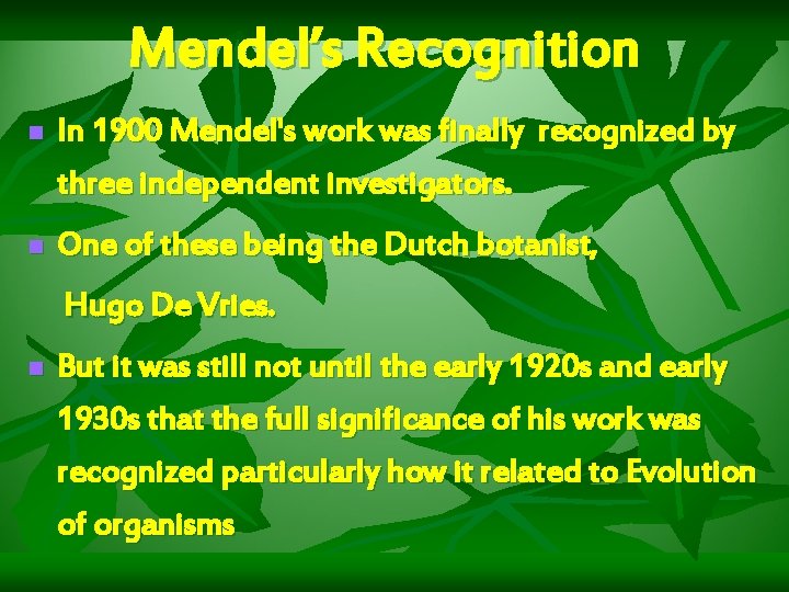 Mendel’s Recognition n In 1900 Mendel's work was finally recognized by three independent investigators.