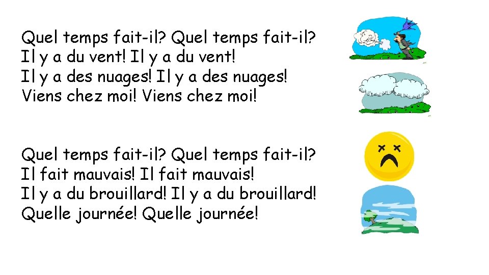 Quel temps fait-il? Il y a du vent! Il y a des nuages! Viens