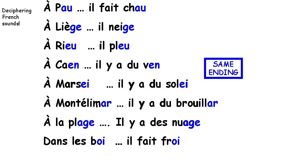 Deciphering French sounds! À Pau … il fait chaud À Liège … il neige