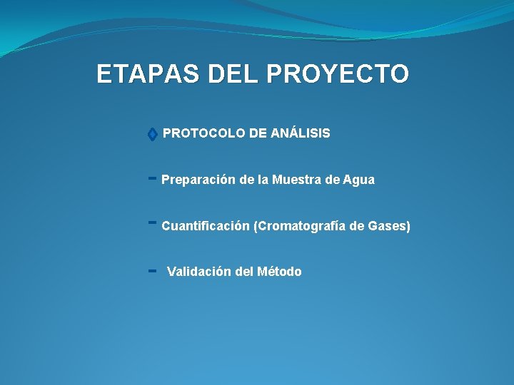 ETAPAS DEL PROYECTO PROTOCOLO DE ANÁLISIS Preparación de la Muestra de Agua Cuantificación (Cromatografía