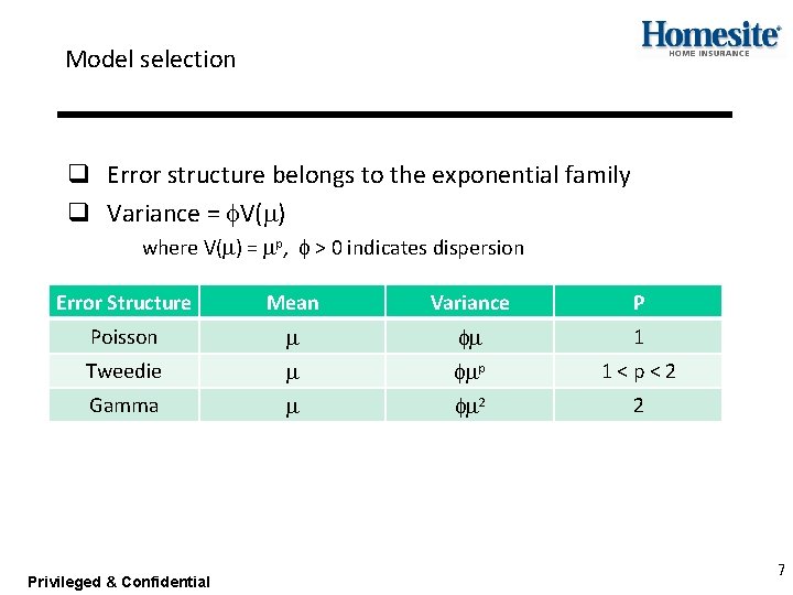 Model selection q Error structure belongs to the exponential family q Variance = f.