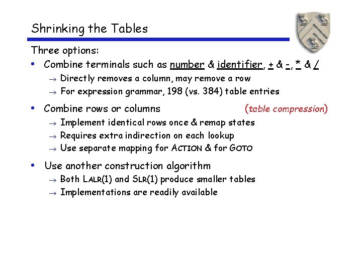 Shrinking the Tables Three options: • Combine terminals such as number & identifier, +