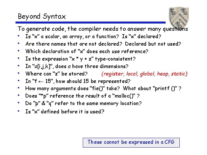 Beyond Syntax To generate code, the compiler needs to answer many questions • •