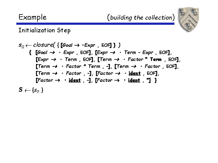 Example (building the collection) Initialization Step s 0 closure( { [Goal • Expr ,
