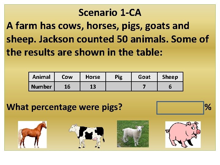 Scenario 1 -CA A farm has cows, horses, pigs, goats and sheep. Jackson counted