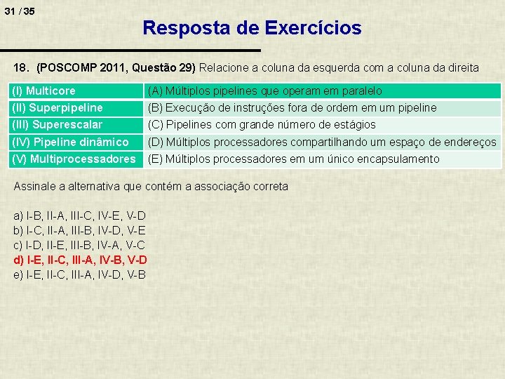31 / 35 Resposta de Exercícios 18. (POSCOMP 2011, Questão 29) Relacione a coluna