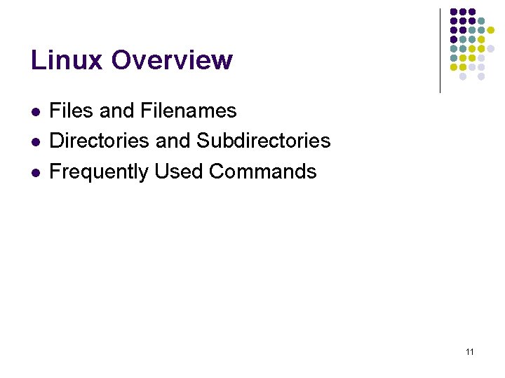 Linux Overview l l l Files and Filenames Directories and Subdirectories Frequently Used Commands