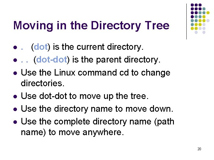 Moving in the Directory Tree l l l . (dot) is the current directory.