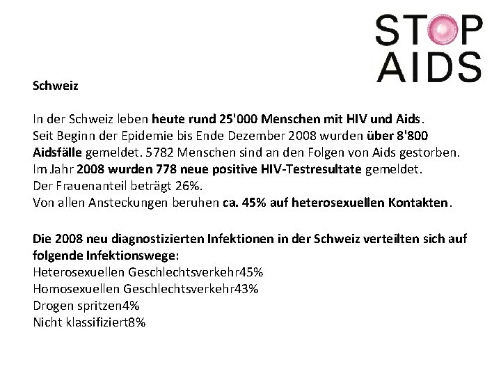 Schweiz In der Schweiz leben heute rund 25'000 Menschen mit HIV und Aids. Seit