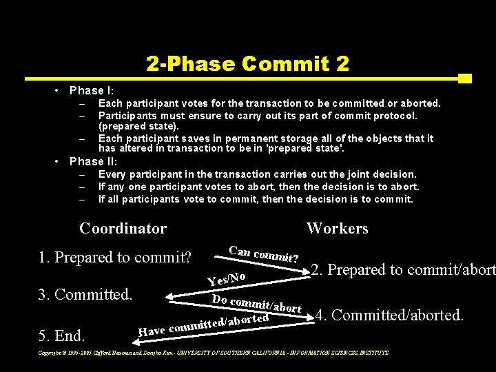 2 -Phase Commit 2 • Phase I: – – • Each participant votes for