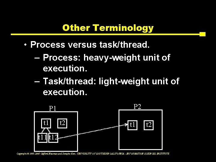 Other Terminology • Process versus task/thread. – Process: heavy-weight unit of execution. – Task/thread: