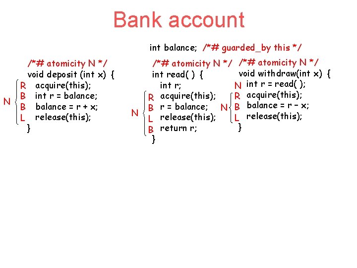 Bank account int balance; /*# guarded_by this */ N /*# atomicity N */ void