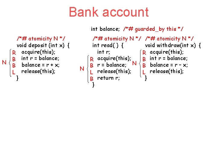 Bank account int balance; /*# guarded_by this */ N /*# atomicity N */ void