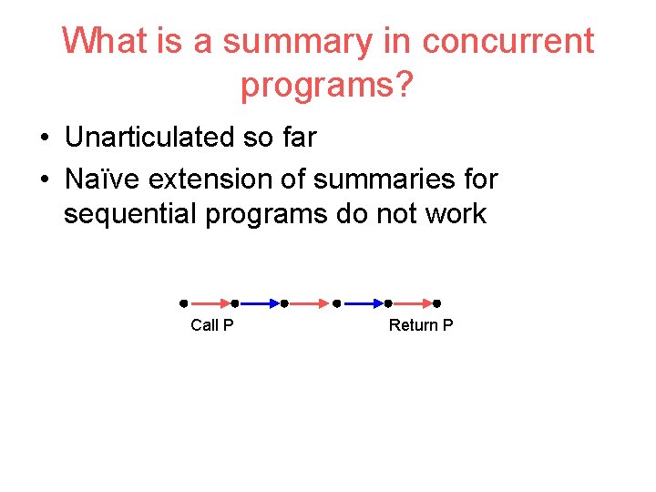 What is a summary in concurrent programs? • Unarticulated so far • Naïve extension