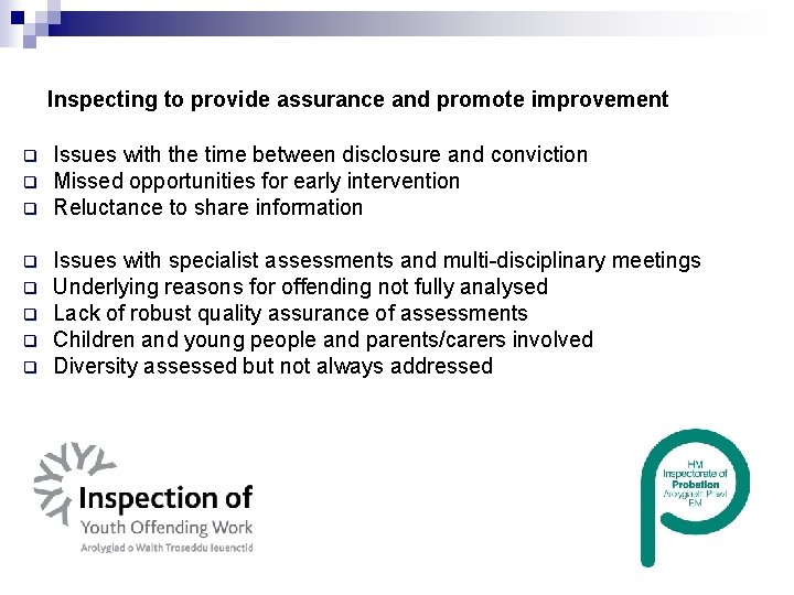 Inspecting to provide assurance and promote improvement q q q q Issues with the