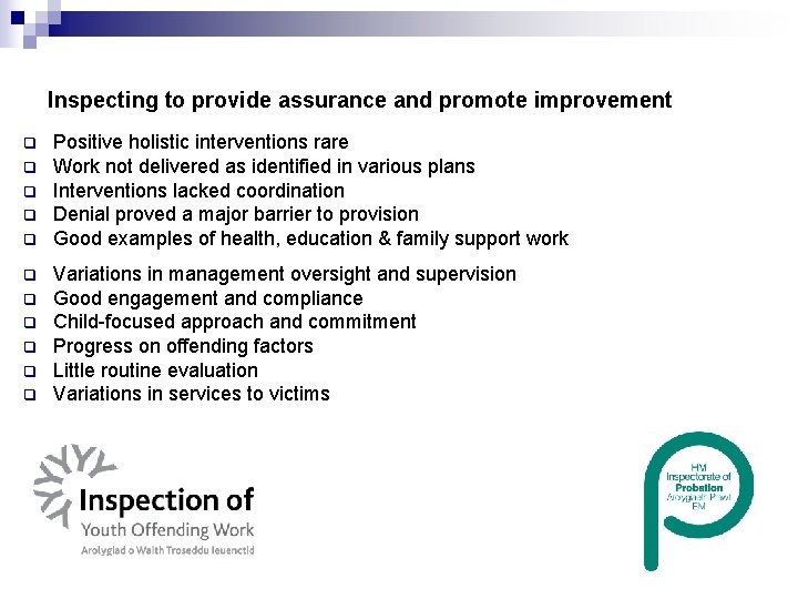 Inspecting to provide assurance and promote improvement q q q Positive holistic interventions rare