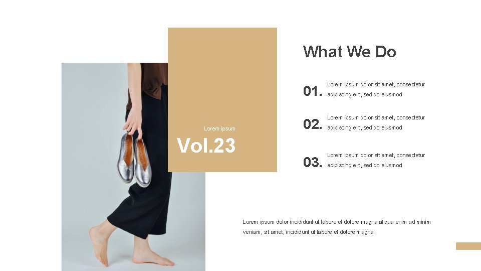 What We Do Lorem ipsum Vol. 23 01. Lorem ipsum dolor sit amet, consectetur