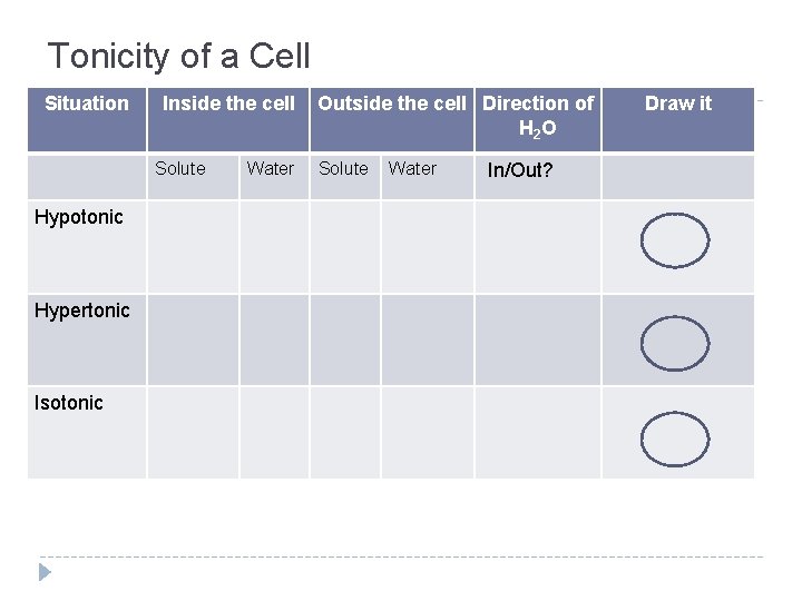 Tonicity of a Cell Situation Inside the cell Solute Hypotonic Hypertonic Isotonic Water Outside
