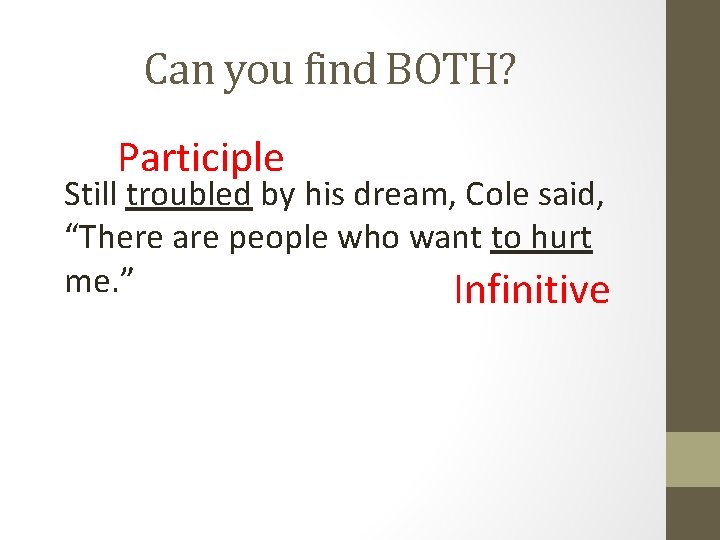 Can you find BOTH? Participle Still troubled by his dream, Cole said, “There are