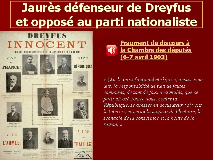 Jaurès défenseur de Dreyfus et opposé au parti nationaliste Fragment du discours à la