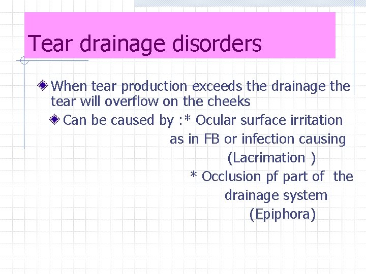 Tear drainage disorders When tear production exceeds the drainage the tear will overflow on