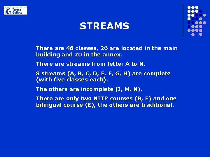 STREAMS There are 46 classes, 26 are located in the main building and 20