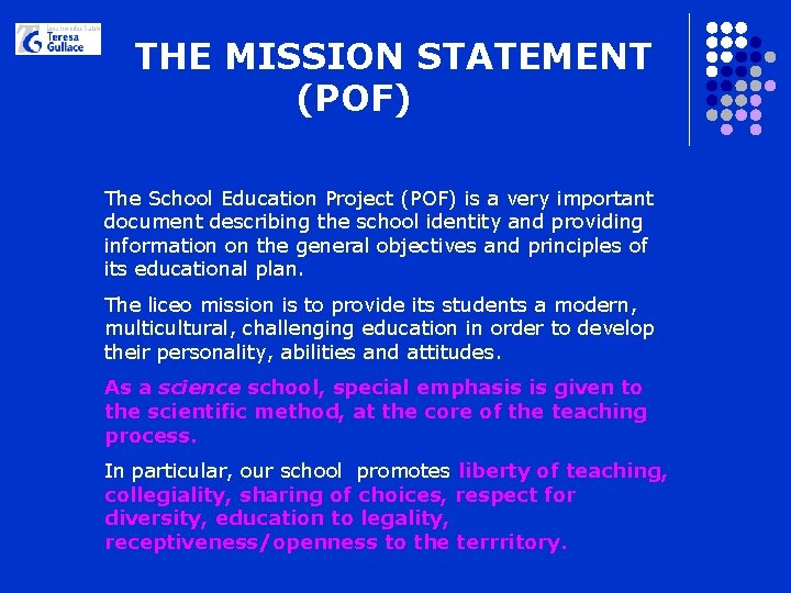 THE MISSION STATEMENT (POF) The School Education Project (POF) is a very important document
