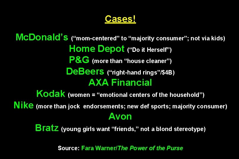 Cases! Mc. Donald’s (“mom-centered” to “majority consumer”; not via kids) Home Depot (“Do it